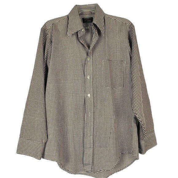Manhattan Silkhana Mens Long Sleeved Shirt Houndstooth Brown White Sz 15.5-32 - Picture 1 of 5